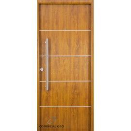 Puerta Foliada Nexo Deluxe Wood, 5 Tableros Con Detalles Aluminio, Simil Madera Roble, 90 Cm. Derecha